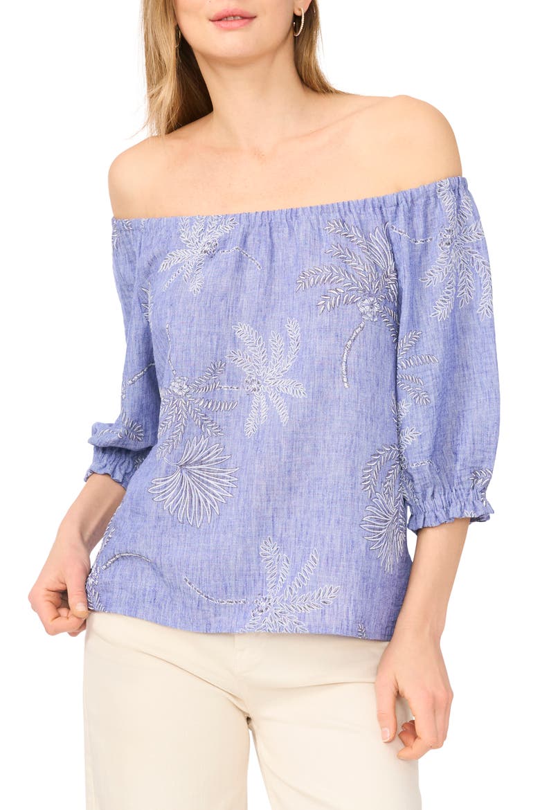 Off the Shoulder Puff Sleeve Top, Main, color, MULTI BLUE CHAMBRAY