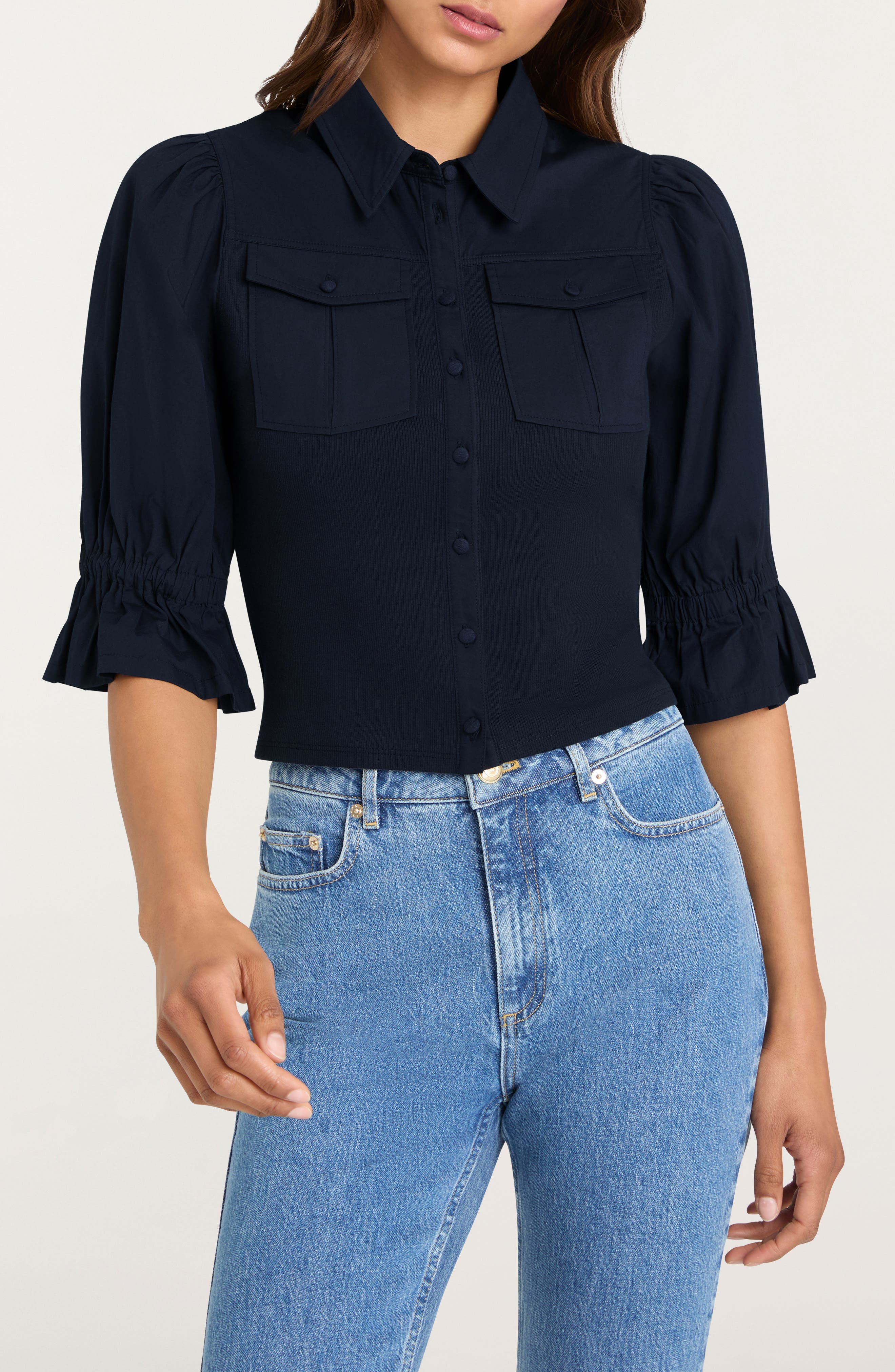 Lyric Mixed Media Stretch Cotton Button-Up Shirt - image 3