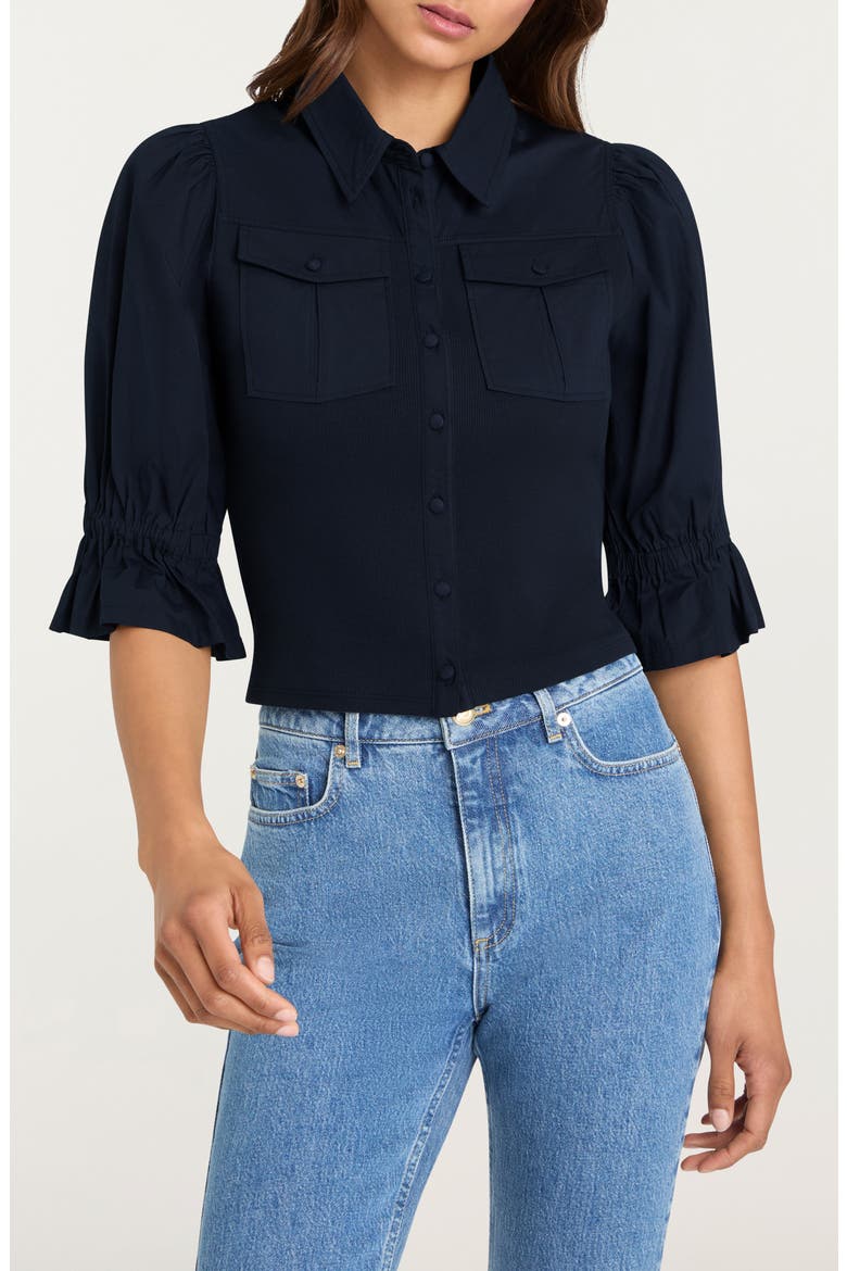 Lyric Mixed Media Stretch Cotton Button-Up Shirt, Main, color, NAVY
