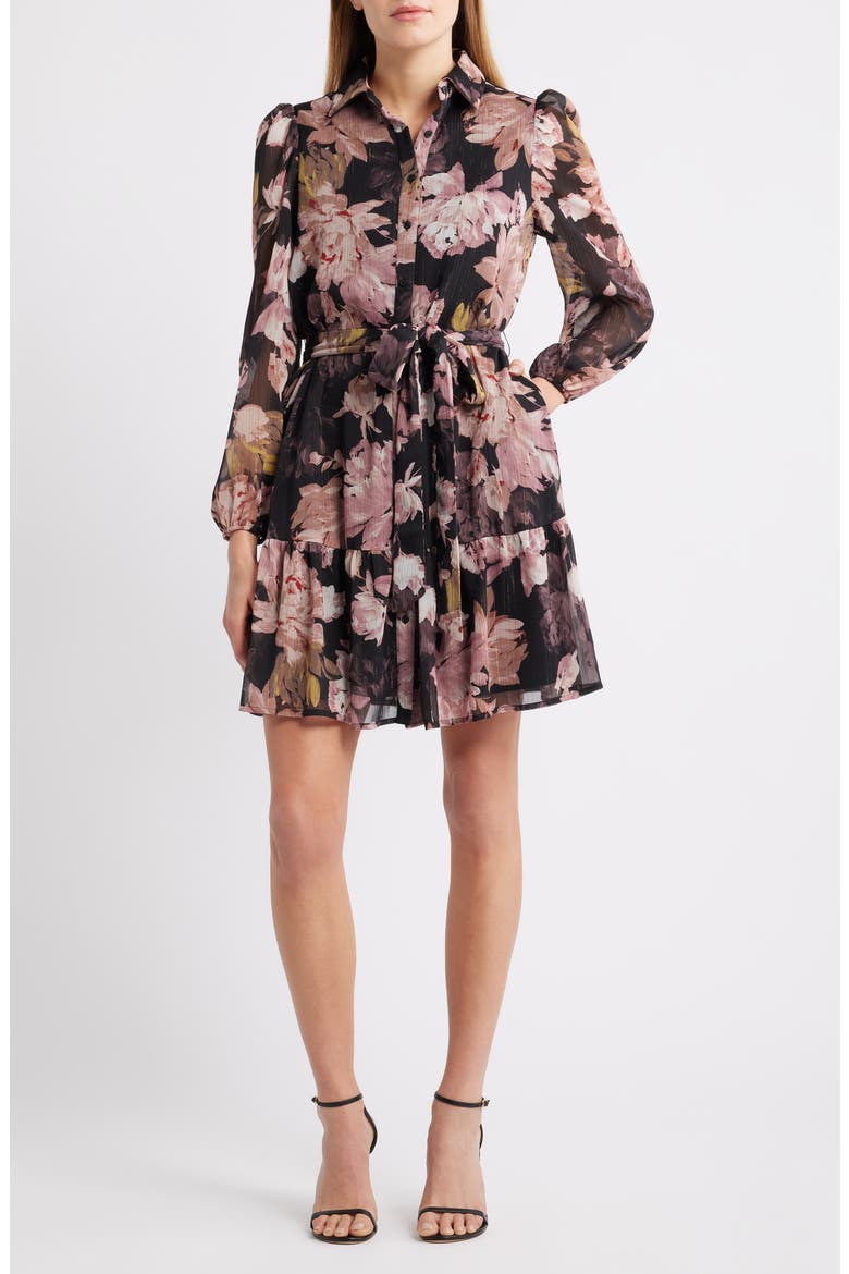 Long Sleeve Floral Chiffon Shirtdress, Main, color, ANNE BLACK MULTI