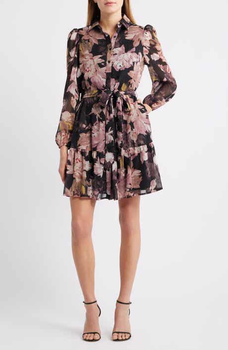 AK ANNE KLEIN Long Sleeve Floral Chiffon Shirtdress