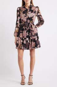 AK ANNE KLEIN Long Sleeve Floral Chiffon Shirtdress
