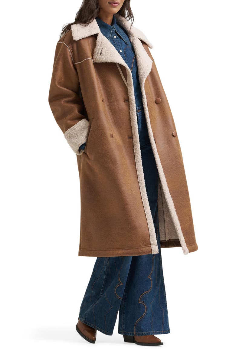 Faux Leather Coat with Faux Shearling Trim, Alternate, color, MEDIUM BROWN