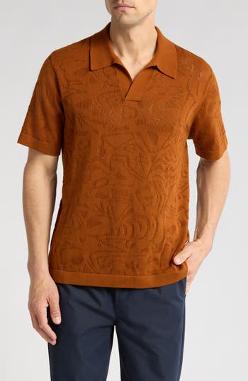 Nn07 Ryan 6692 Abstract Floral Pointelle Organic Cotton Polo In Brown