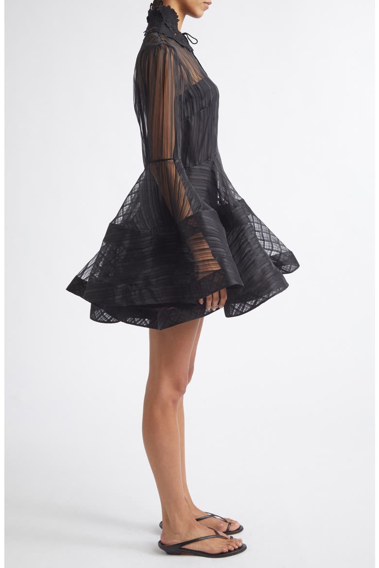 Valiant Lantern Stripe Long Sleeve Silk Minidress, Alternate, color, BLACK