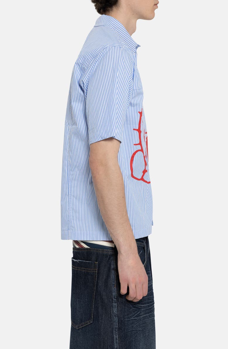 JADED LONDON Poster Stripe Short Sleeve Graphic Button-Up Shirt, Alternate, color, Blue