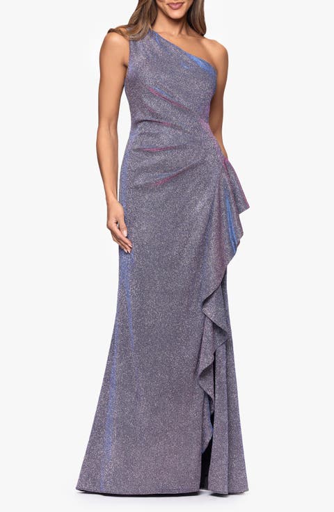 Glitter Galaxy Ruffle One-Shoulder Gown (Regular & Petite)