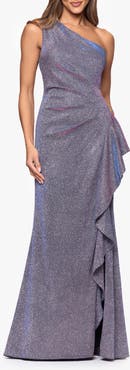 Xscape Evenings Glitter Galaxy Ruffle One-Shoulder Gown