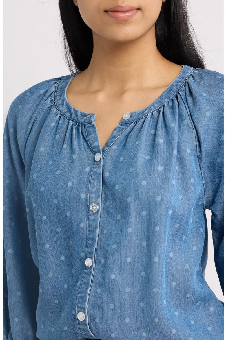 Smocked Neck Button-Up Top, Alternate, color, DENIM/ WHITE DOT