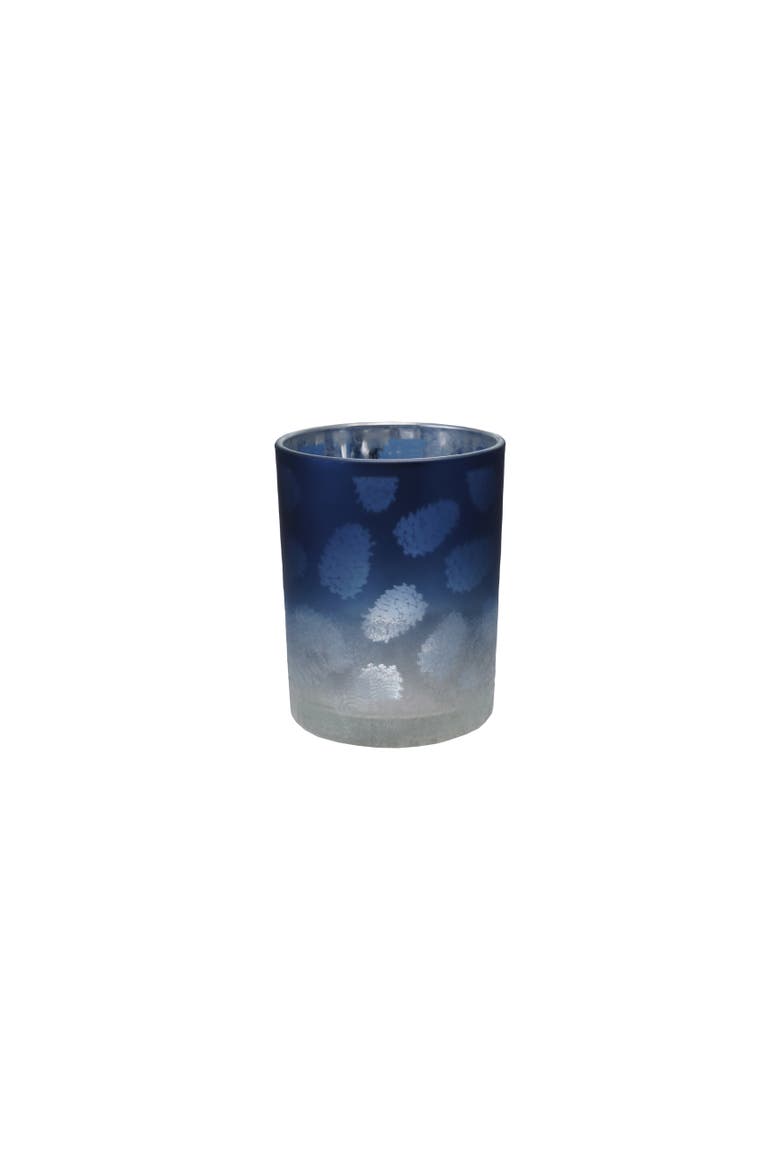 Laser Etched Glass Votive Holder with Pinecones, Blue & Silver Finish, Main, color, Blue & Silver