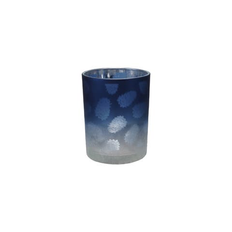 Laser Etched Glass Votive Holder with Pinecones, Blue & Silver Finish
