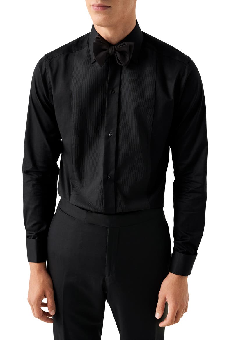 Contemporary Fit Striped Bib Tuxedo Shirt, Main, color, BLACK