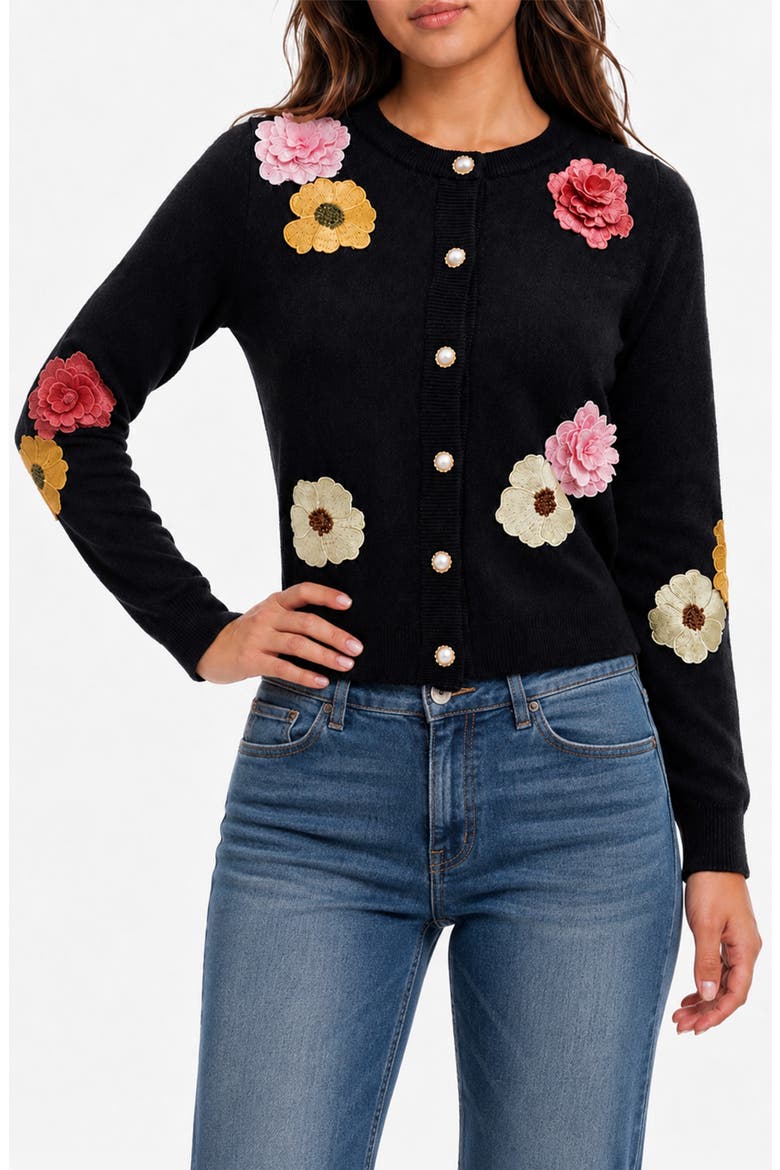 Botanical Appliqué Cardigan, Main, color, BLACK