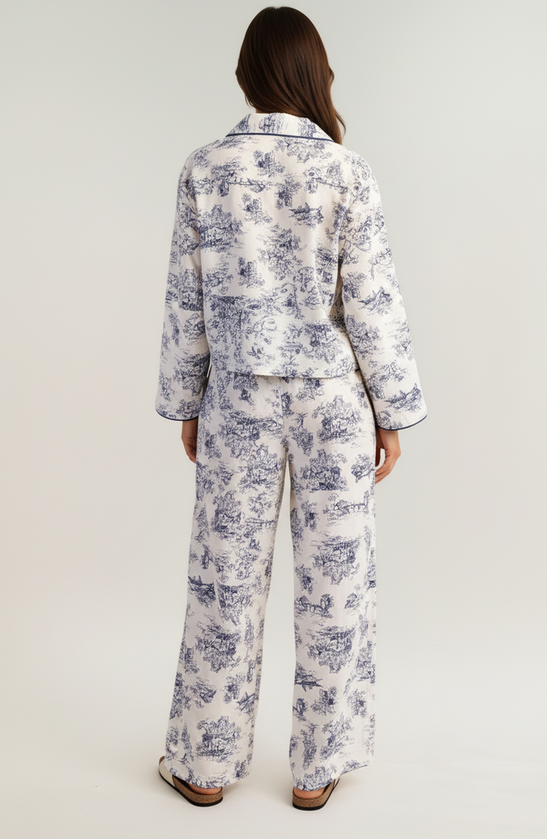 Modenaire Printed Button-Up Pajama Set with Contrast Trim and Ribbon Tie, Alternate, color, Toile Print