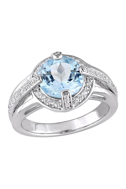 Sterling Silver Blue Topaz Stone Pave Ring