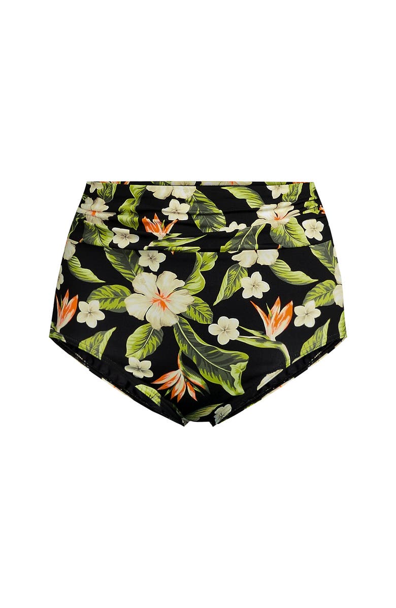 Lands' End Chlorine Resistant Ruched Natural High Waisted Full Coverage Bikini Swim Bottoms, Alternate, color, Hibiscus Floral/Black