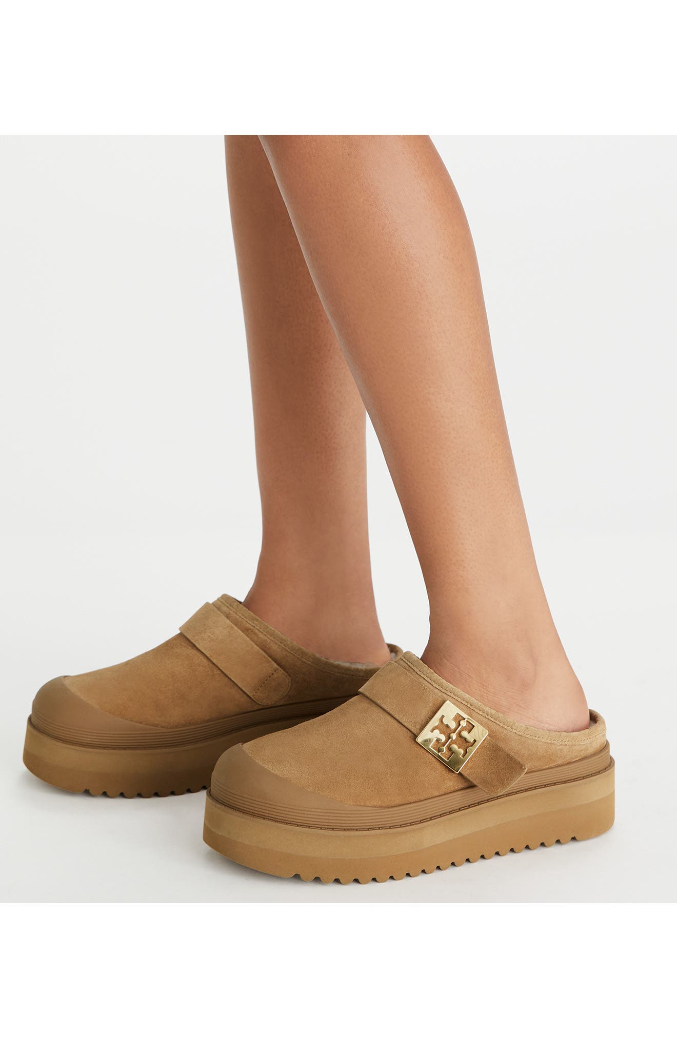 Tory Burch Genuine Shearling Platform Mule, Alternate, color, Light Chestnut / Gold