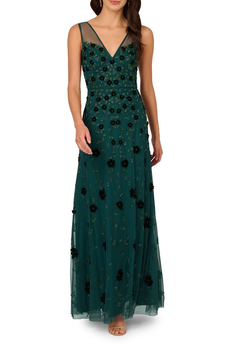 Embellished Mesh Overlay Gown, Main, color, GEM GREEN