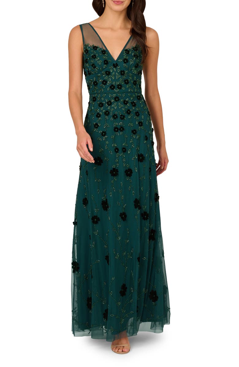 Adrianna Papell Embellished Mesh Overlay Gown, Main, color, Gem Green