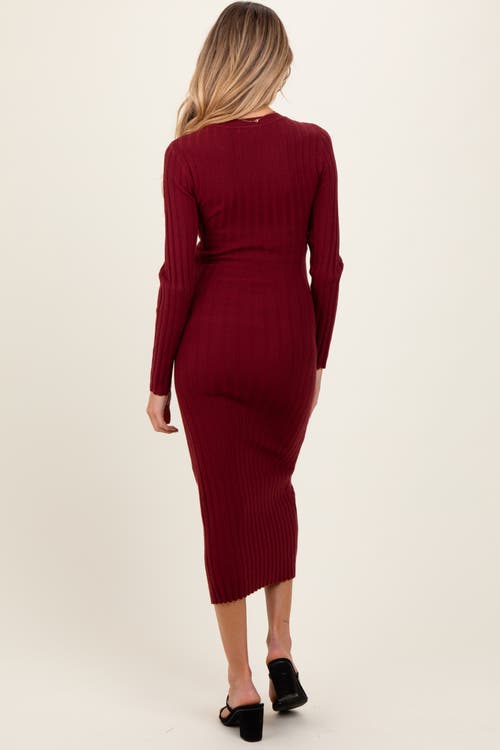 Pinkblush Ribbed Knit Fitted Midi Sweater Dress In Burgundy