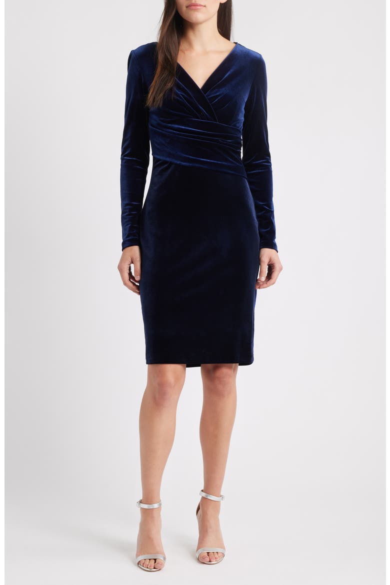 Ruched Long Sleeve Velvet Body-Con Dress, Main, color, NAVY