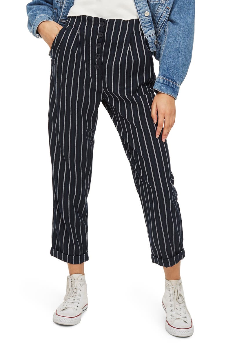 Topshop Button Front Stripe Tapered Trousers, Main, color,