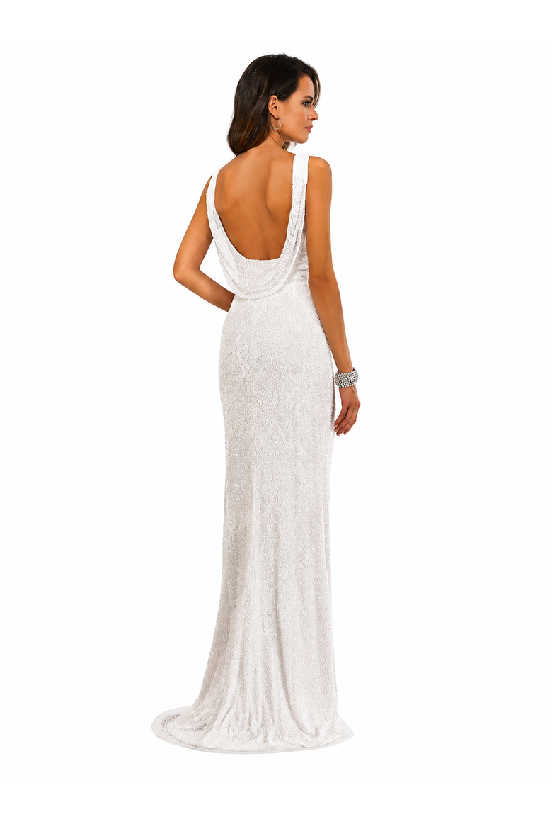 Erika Beaded Draped Cowl Back V-Neck Wedding Dress, Alternate, color, Ivory