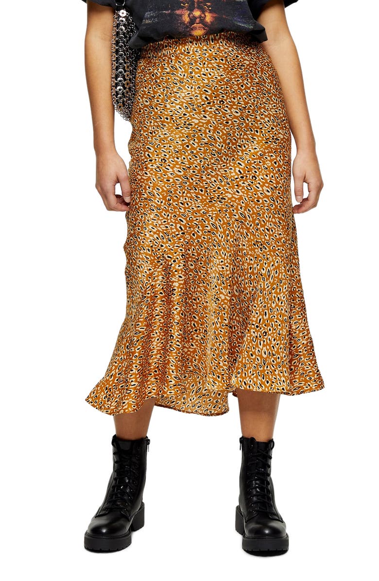 Topshop Leopard Satin Flounce Skirt, Main, color, 