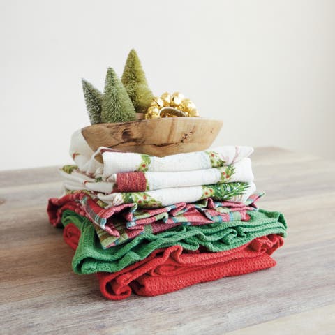 Woven Cotton Waffle Tea Towels with Ruffled Edges, Set