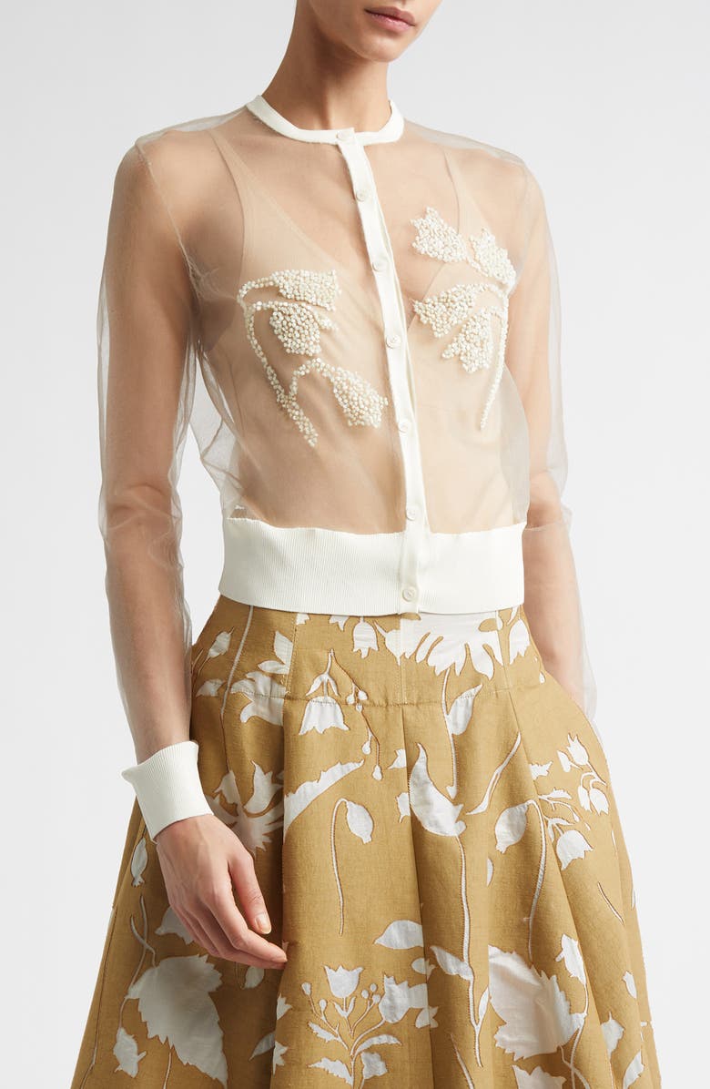 Lela Rose Floral Beaded Sheer Cardigan, Main, color, Cream