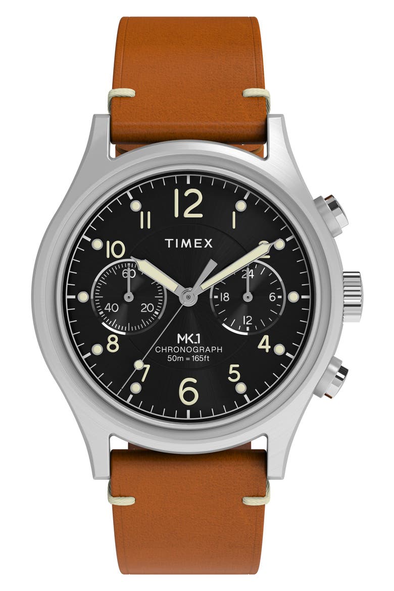 MK1 Chronograph Leather Strap Watch, 40mm, Main, color, SILVER-TONE