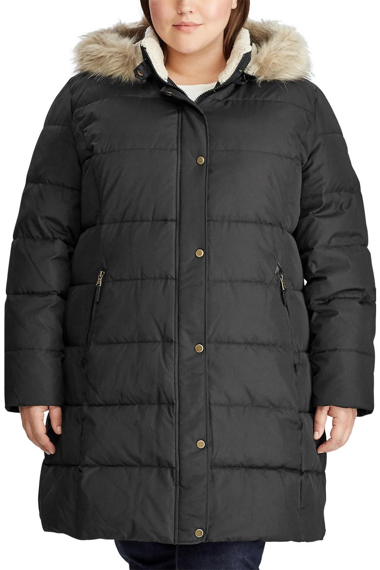 Down Puffer Coat with Removable Faux Fur Trim Hood, Main, color, BLACK