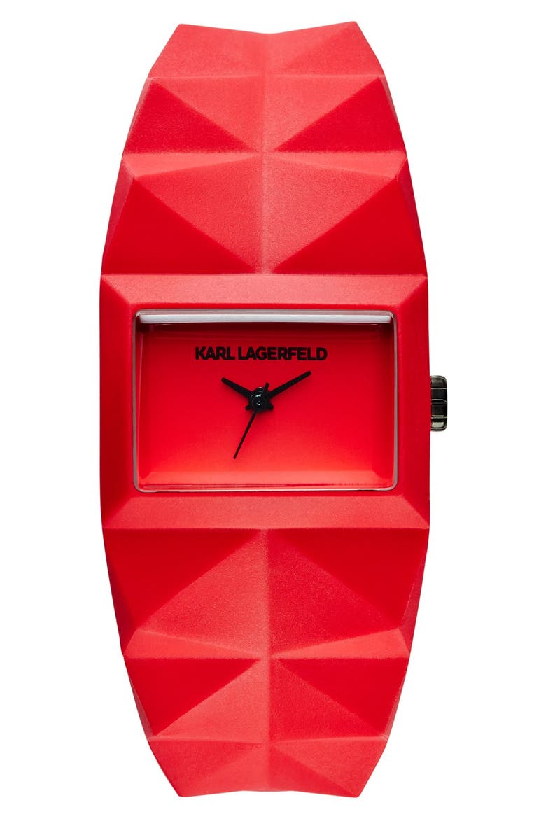 KARL LAGERFELD 'Perspektive' Pyramid Rubber Strap Watch, 32mm x 24mm, Main, color, RED