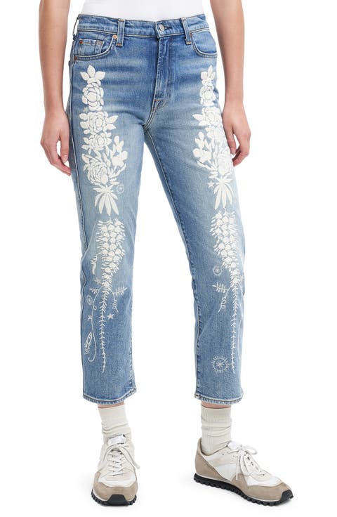 Embroidered Ankle Slim Straight Leg Jeans (Ventura)