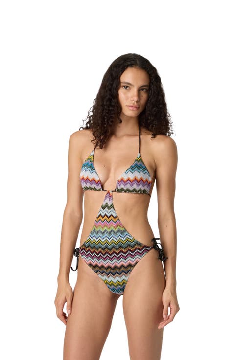 Trikini In Lamé Viscose With Pixel-effect Zigzag Pattern