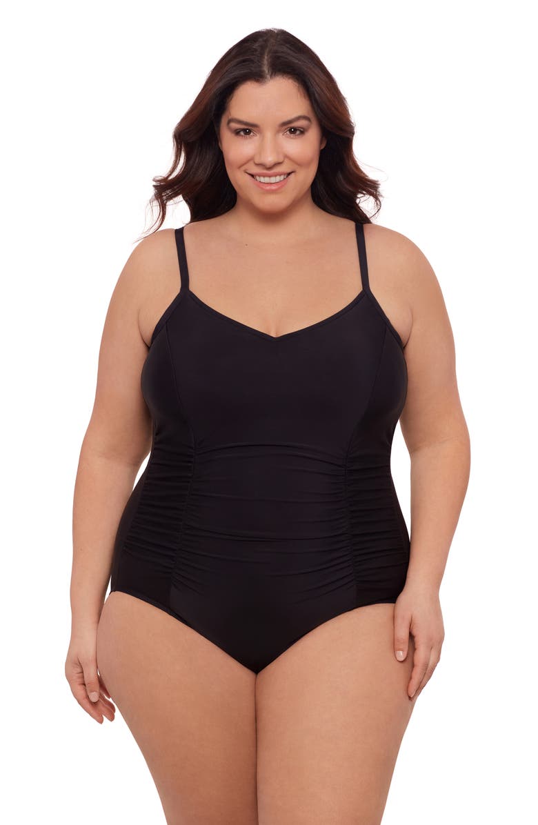 Aqua Green Plus Size Princess Seam V-Neck Side Shirred Adjustable One-Piece Swimsuit, Main, color, Black