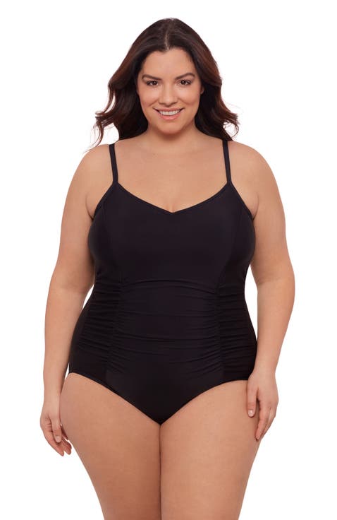 Plus Size Princess Seam V-Neck Side Shirred Adjustable One-Piece Swimsuit