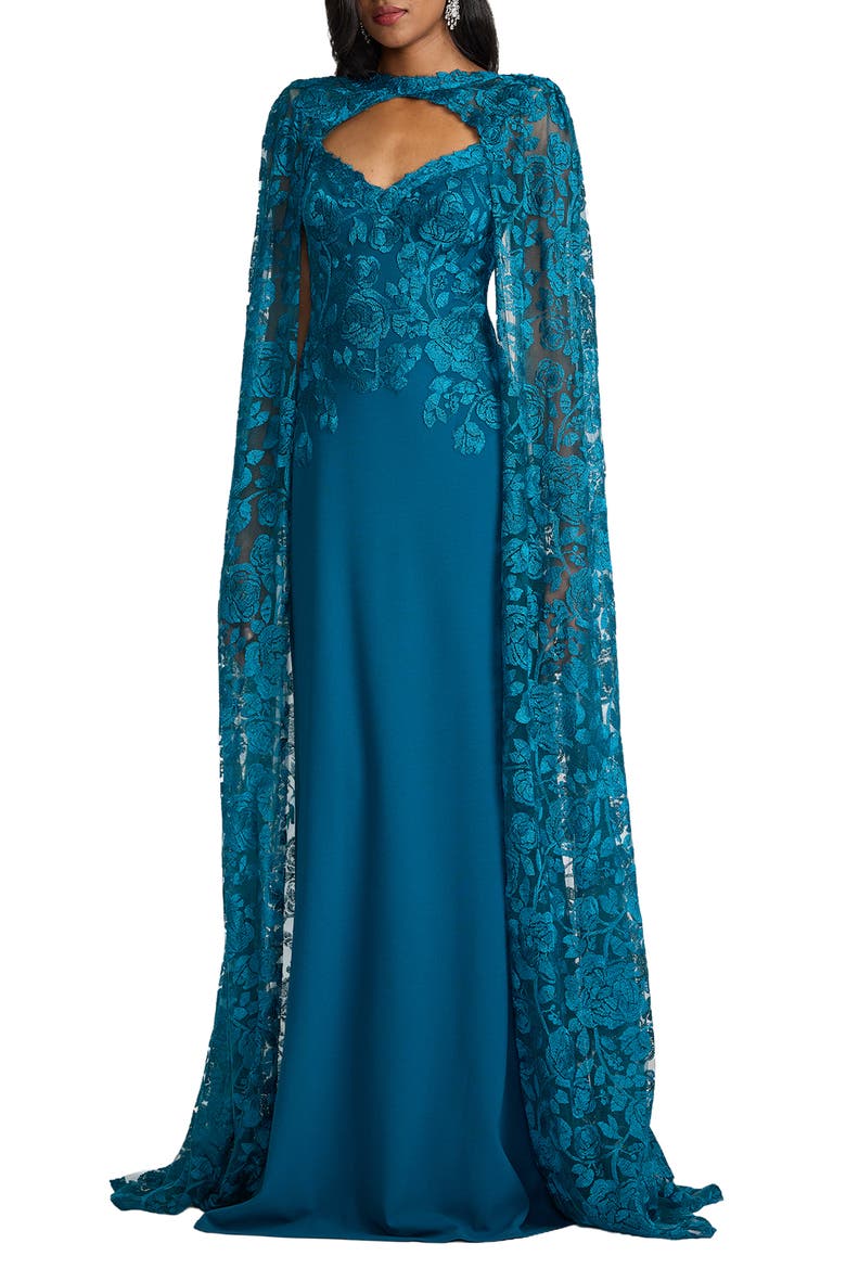 Embroidered Cape Detail Gown, Main, color, VENOM BLUE