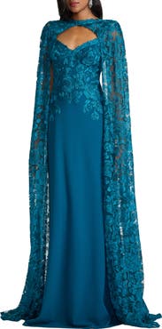 Tadashi Shoji Embroidered Cape Detail Gown