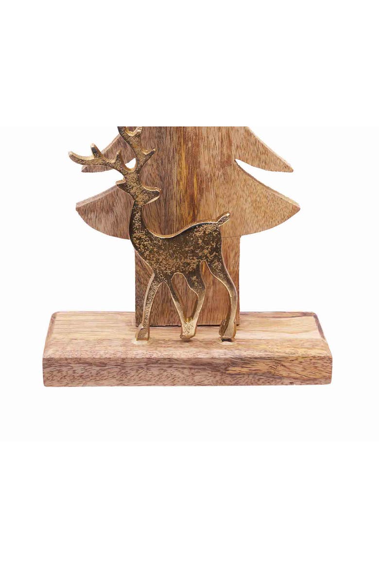 Wood/Gold Tree & Deer Decorative Figurine, Alternate, color, Brown