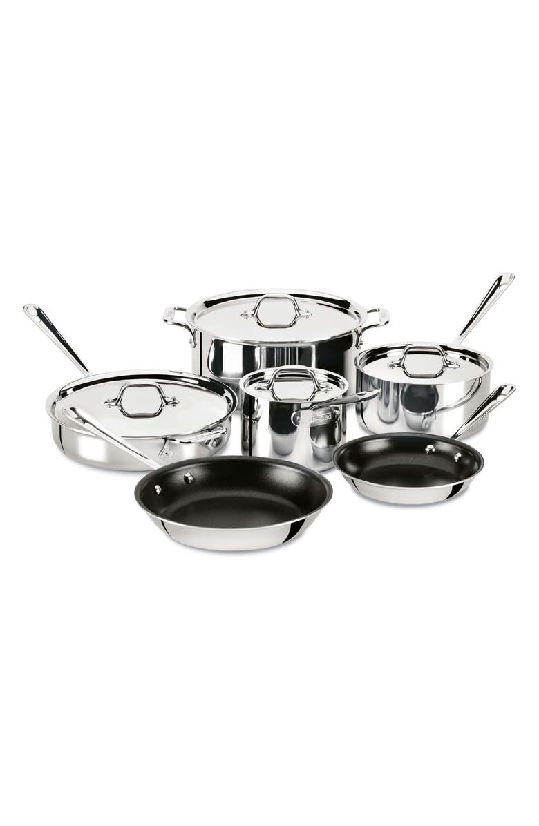 All-Clad Essentials 10-Piece Nonstick Stainless Steel Cookware Set, Main, color,