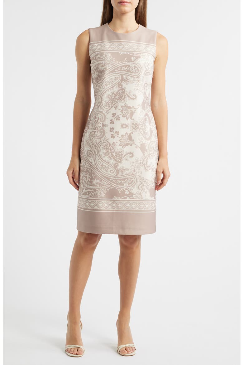 Scarf Print Sleeveless Sheath Dress, Main, color, LATTE MULTI