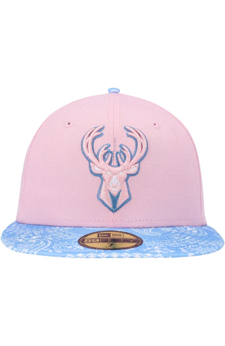New Era Men's New Era Pink/Light Blue Milwaukee Bucks Paisley Visor 59FIFTY Fitted Hat, Alternate, color, 