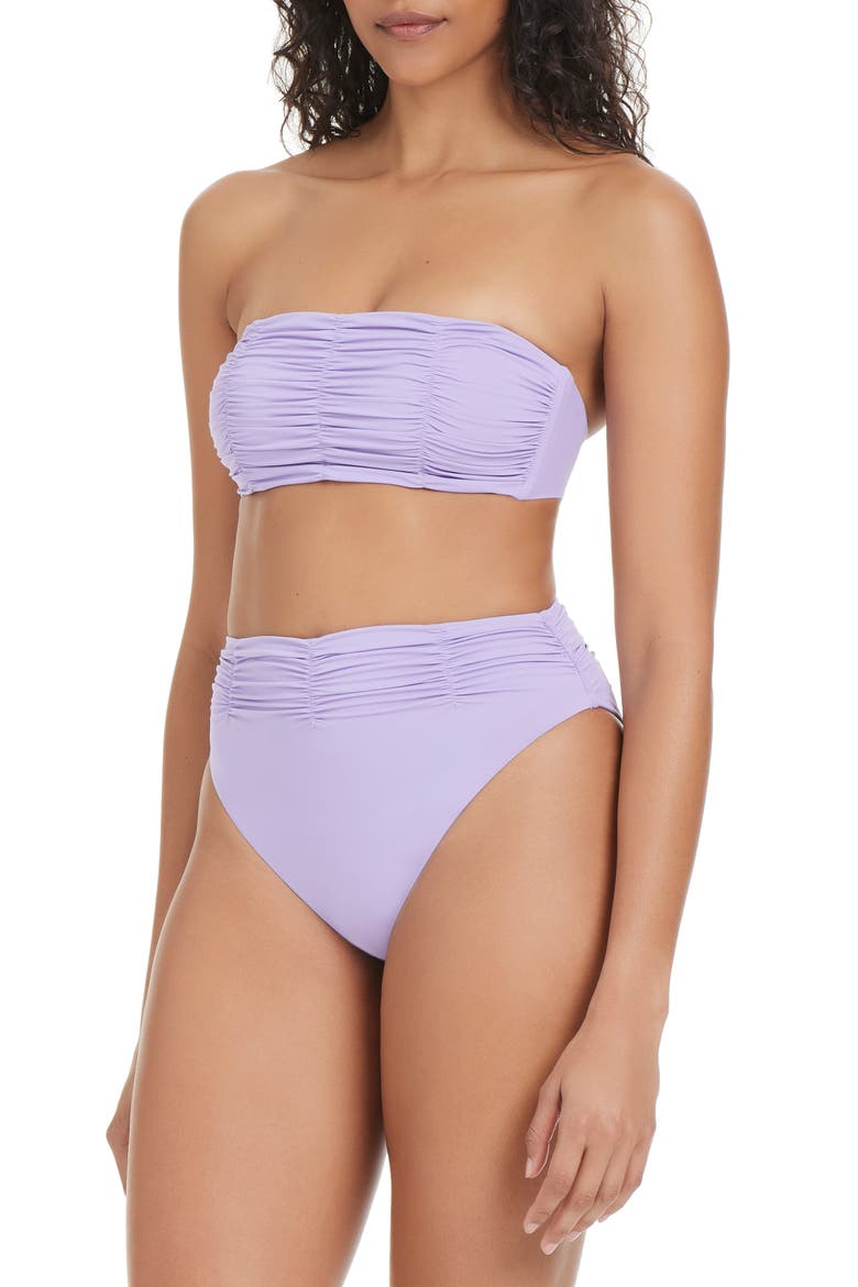 Shirred High Waist Bikini Bottoms, Alternate, color, LAVENDER POWDER