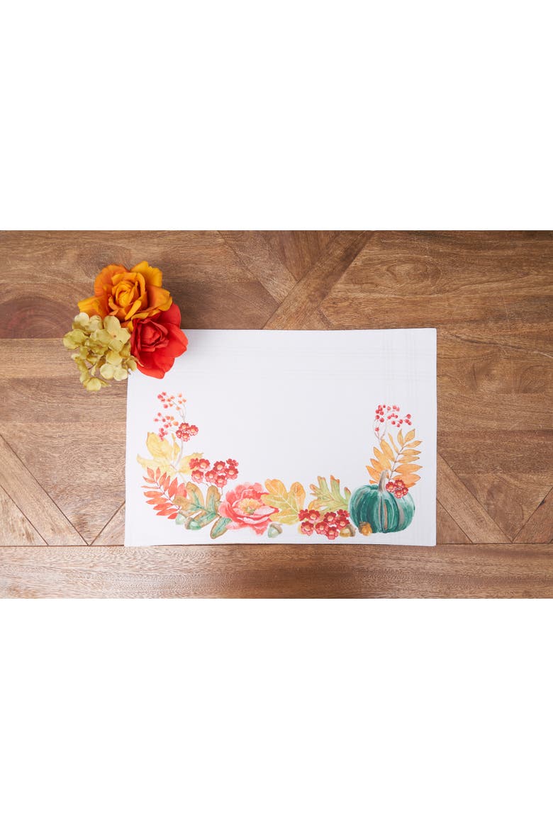 Harvest Teal Pumpkin Flower Leaves Cloth Placemats Set of 6 Autumn, 14" x 20", Alternate, color, Beige
