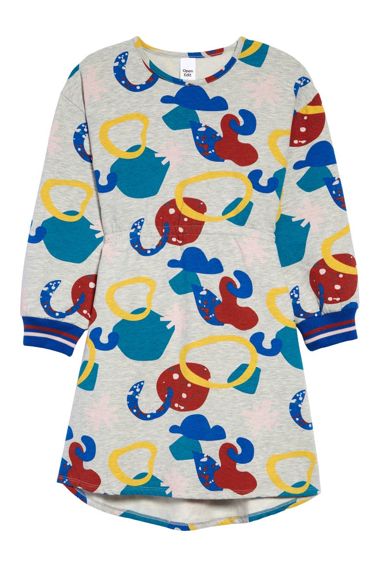 Kids' Easy High-Low Print Dress, Main, color, GREY LT HEATHER SPECKLE SHAPES
