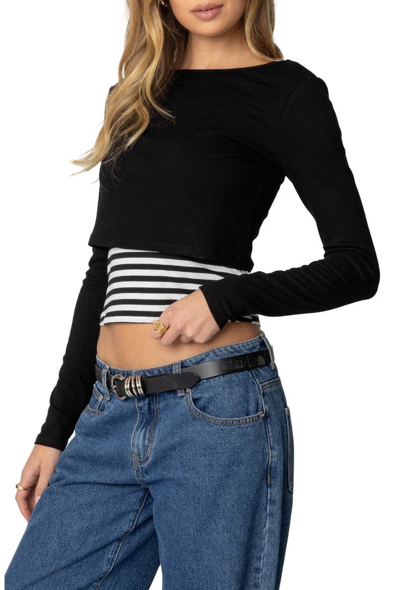 Shania Layered Long Sleeve Crop Top, Alternate, color, BLACK