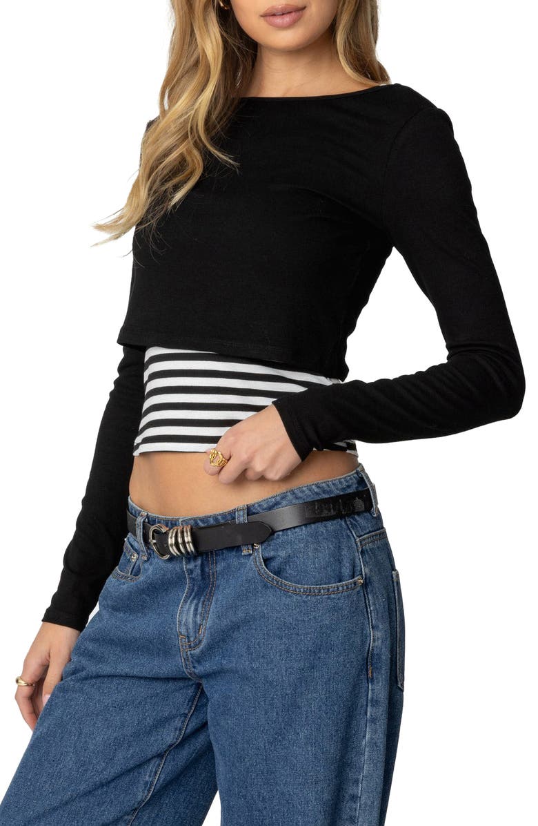EDIKTED Shania Layered Long Sleeve Crop Top, Alternate, color, Black
