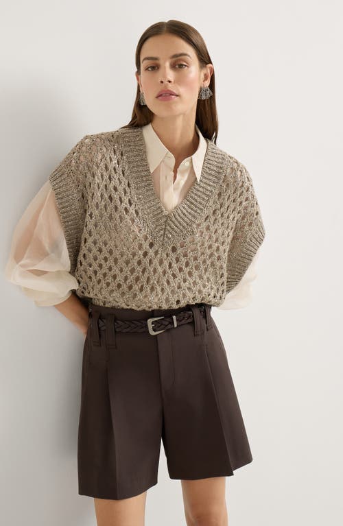 Brunello Cucinelli Beige Silk And Linen Dazzling Net Sweater In Brown