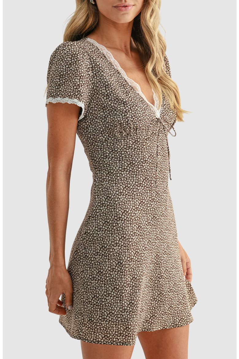 Lace Trim Minidress, Alternate, color, BROWN DITSY